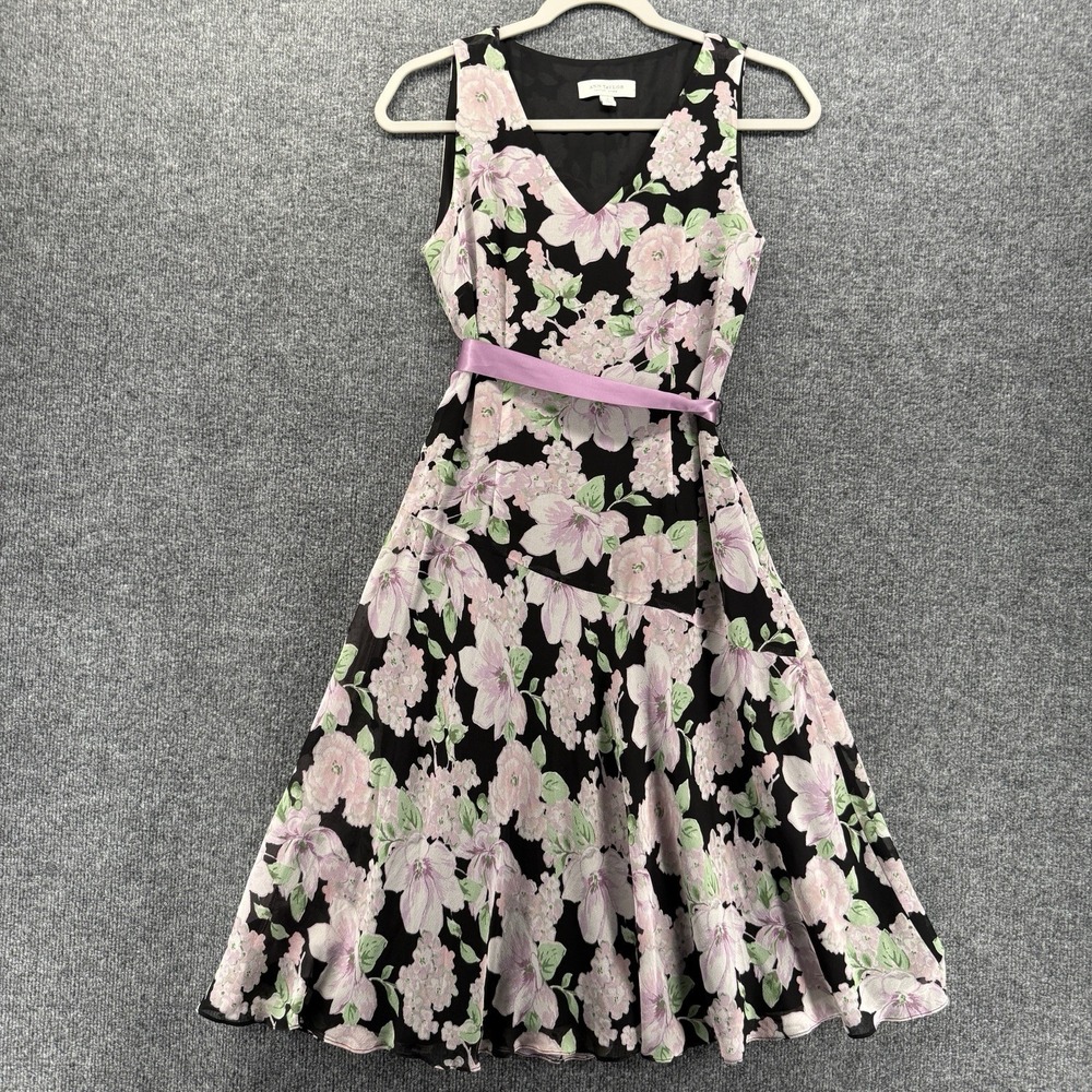 Ann Taylor Dress Womens 2 Silk Black Flowers Fit Flare 90s Romantic Dark Fairy